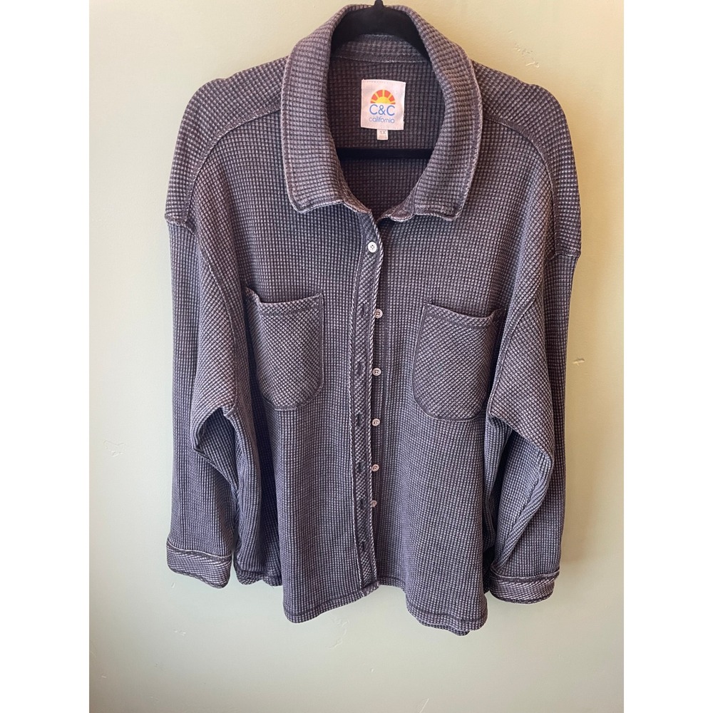 C&C California Womens 1X Waffle Knit Button Down Shirt Charcoal Grey 89B02786P